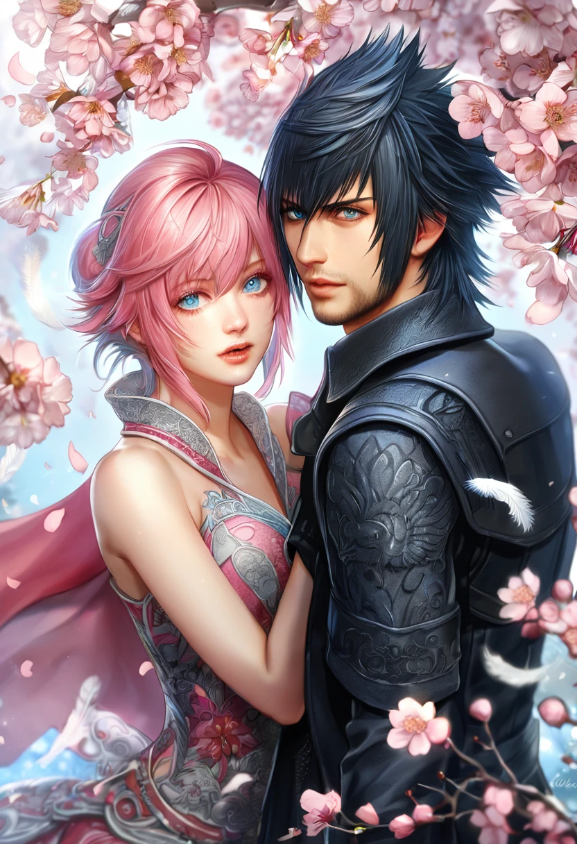 Ultra detailed, HDR, Highres, absurdres, master piece, Claire Farron, wavy pink short hair, expressive aqua pale eyes, Lightning Farron, Final Fantasy XIII, Noctis Lucis Caelum, black hair, expressive blue eyes, Final Fantasy XV, a beautiful woman together with a handsome man, couple, love, realistic face, fantasy, magical, white feathers, pink petals, best quality, white and black clothes with patterns, red cape, blossoms, pink flowers, cherry blossoms