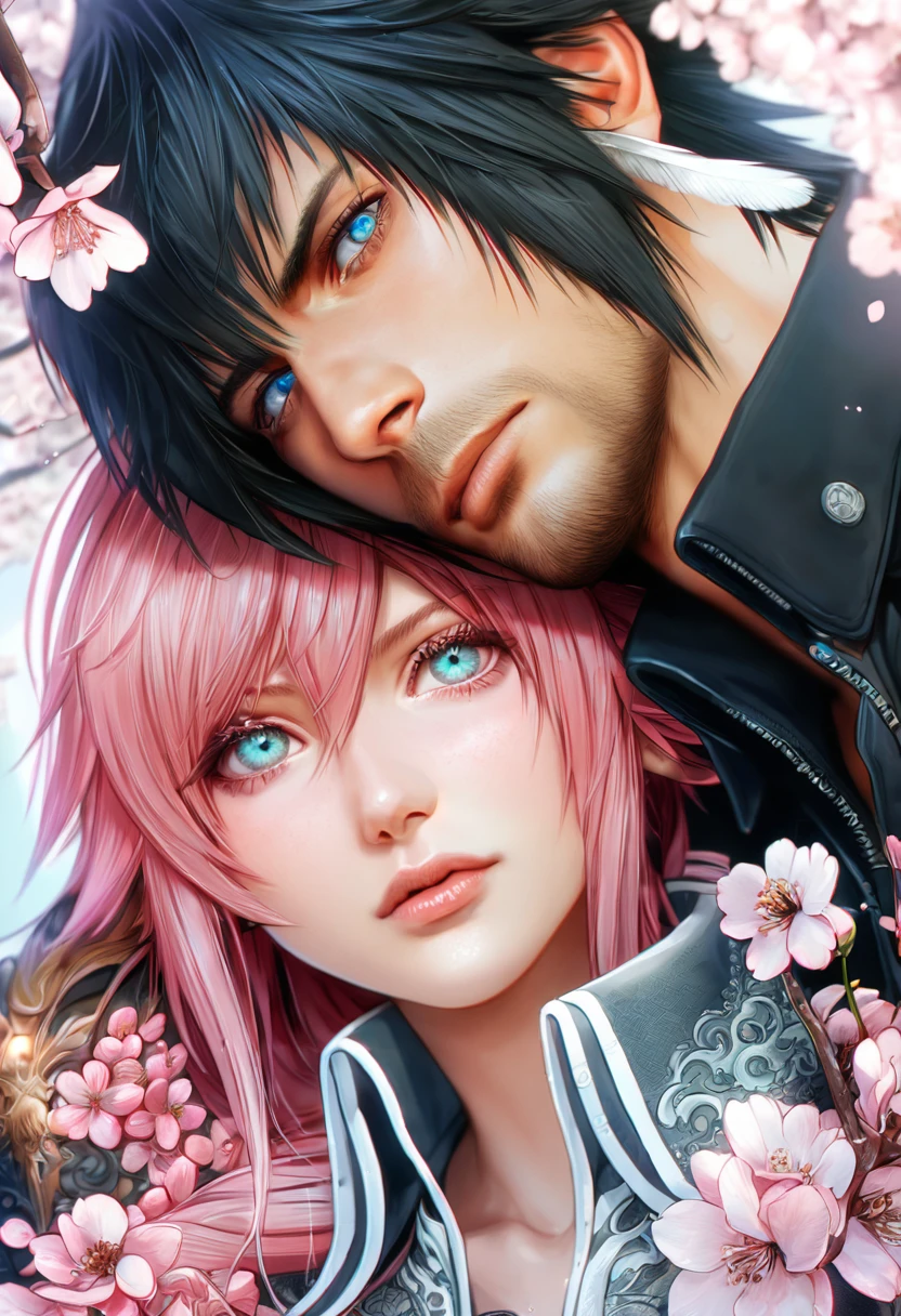 Ultra detailed, HDR, Highres, absurdres, master piece, Claire Farron, wavy pink short hair, expressive aqua pale eyes, Lightning Farron, Final Fantasy XIII, Noctis Lucis Caelum, black hair, expressive blue eyes, Final Fantasy XV, a beautiful woman together with a handsome man, couple, love, realistic face, fantasy, magical, white feathers, pink petals, best quality, white and black clothes with patterns, red cape, blossoms, pink flowers, cherry blossoms