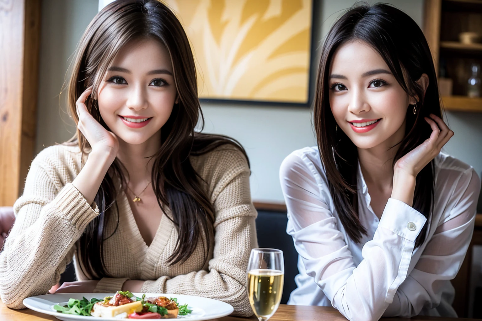 ((Highest quality、8K、masterpiece:1.3))、cute、slimカップル、modelカップル、actress男優、(Realistic, Intricate details:1.2), full-course dinner、Wine Party、Amazing view of the sunset sky and clouds、A bright smile、short hair,Bright Face、 (Age 37), 42 years old, red wine 、Appetizers、Italian food、Wine bottle、Champagne、sparkling wine、Two beauties、Brown Hair、Shortcuts、Long sleeve shirt、dress、Beautiful woman 1, (slimな顔), (The body is slim), (Brown Hair), (Shortcuts), cheeks turn a little red,Attractive beauty、restaurant, In a prominent place (From the waist up) Nova Frog Style, actress, model, Upper Body, White wine, slim, wine glass, 中央に置かれたwine glass, smile, (smile: 1.15), Beautiful fine grain, Depth f/2,saturation, High Contrast, Strong light and shadow,Moist Body:1.5、3D texture、Delicate eyes、Brown Hair、The hair is very shiny、