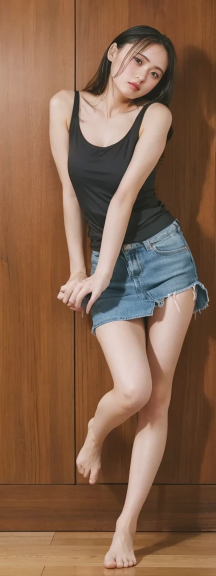 Open shirt, (((Leaning forward))), ((,Round face, Around 17 years old,mini skirt、loose tank top)), Long Hair, , Natural Makeup, Lips become thicker, Sexy Gaze, barefoot, ((Raise one leg)), Shooting from below,Gentle expression ,((Extremely precise and accurate anatomy)), (masterpiece:1.43), Perfect proportions, Realistic photos, Full Shot, whole body, (height: 165cm),