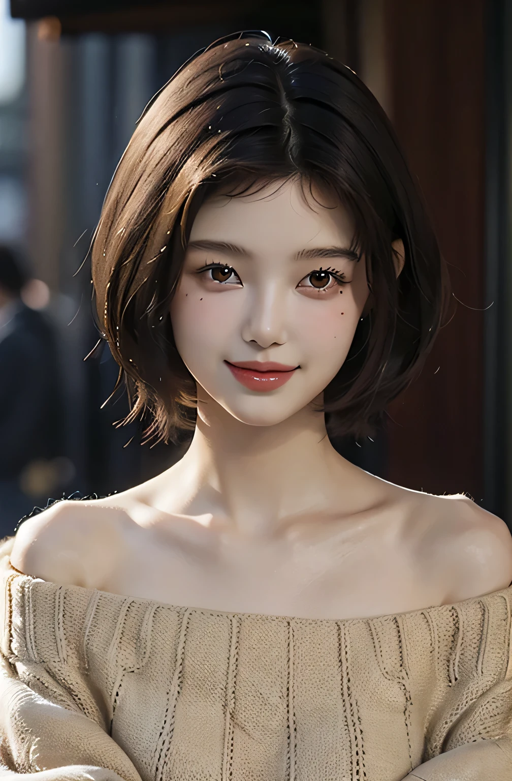 best quality, masterpiece, very high resolution, photorealistic, 1 girl, off-shoulder, smile, oversized sweater, android camera portrait, skin detail, brown hair, short hair