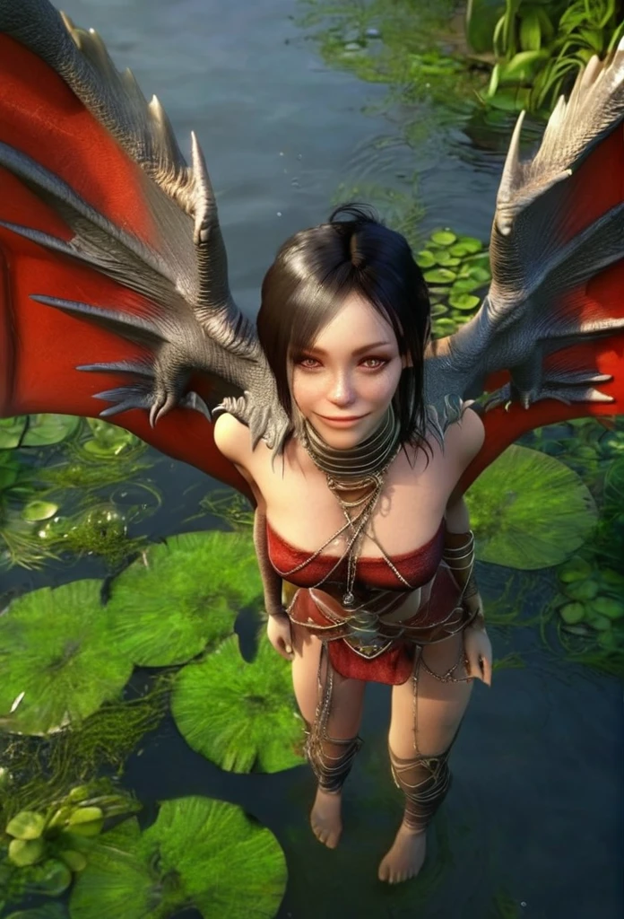 Generate an aerial angle birds eye view image of a  beautiful humanoid dragon girl , face of beautiful  human detailed scale photo realistic with menacing wings, color red and silver unreal engine standing , getting out from the swamp with floating algae , dynamic pose with a background full of large vines dramatic angle view high coloration 4k resolution but