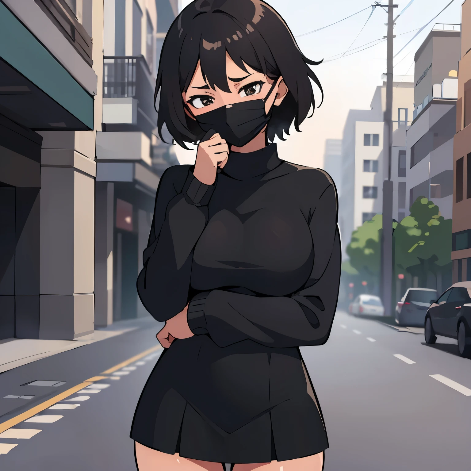 Superior quality, Masterpiece, ultra high resolution,NSFW anime illustration of a girl with short brown hair and black eyes, she has a tired look, her hair is messy, she wears a black sweater with a very tight skirt, and she wears a mask that covers her mouth, and she is on a street. 