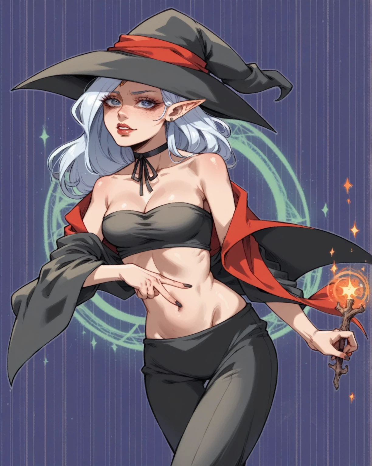 witch with a black hat and a red cape, v from devil may cry as an elf, flirty anime witch casting magic, supervillain sorceress witch, pretty sorceress, human :: sorceress, sorceress, mechanized witch girl, a beautiful sorceress, female mage!, evil sorceress, castlevania witch, witch girl