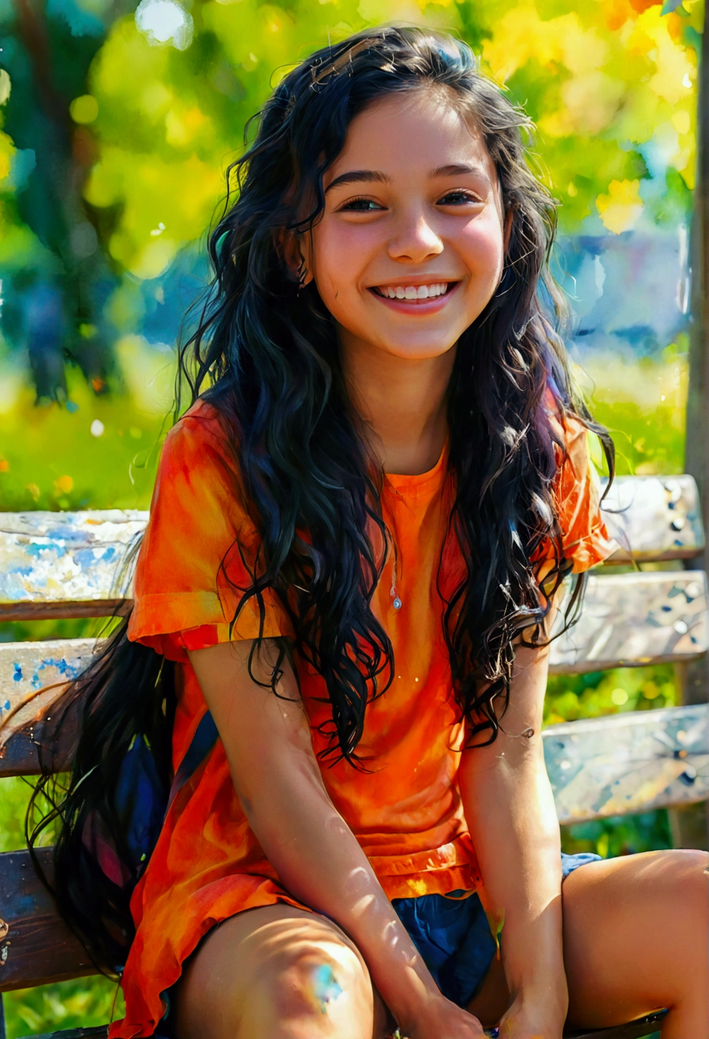 superflat, flat shading, flat colors, (masterpiece:1.2, best quality), 1girl , young 18yo, slim, nude, long curly black hair, smile, fun, laugh, play, (sitting on bench), (spread legs), school in background, summer, vibrant colors, bright, watercolor