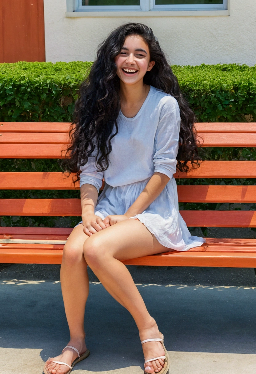 superflat, flat shading, flat colors, (masterpiece:1.2, best quality), 1girl , young teen 18yo, slim, nude, long curly black hair, smile, fun, laugh, play, (sitting on bench), (spread legs), school in background, summer, vibrant colors, bright, watercolor