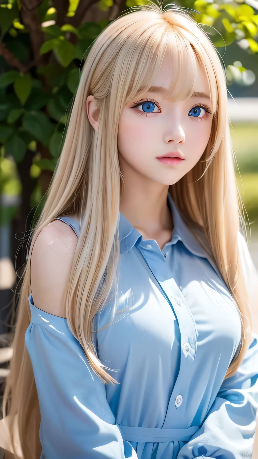 Very beautiful face、A beautiful girl、Super Long Hair、windy silky blonde super long hair、Swinging bangs、Cute sexy 16 year old blonde girl with light blue eyes、Hair above the eyes、片Hair above the eyes、Hair between the eyes、Big bright light blue eyes that shine so beautifully、eyeliner、Bright expression、