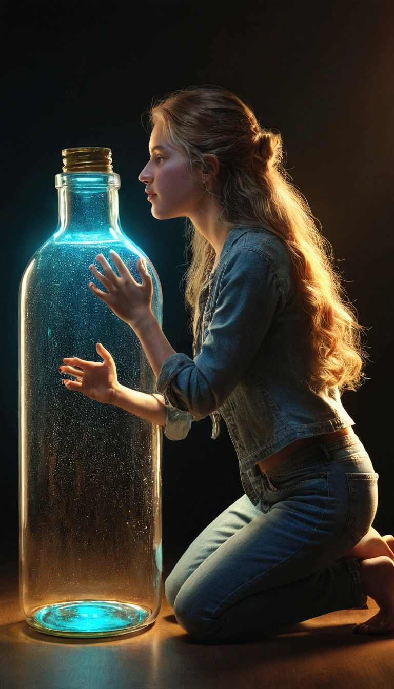 21 yaers old, woman kneeling inside a glass bottle、 Super realistic, Hyper Detailed, Dramatic Lighting, 4K