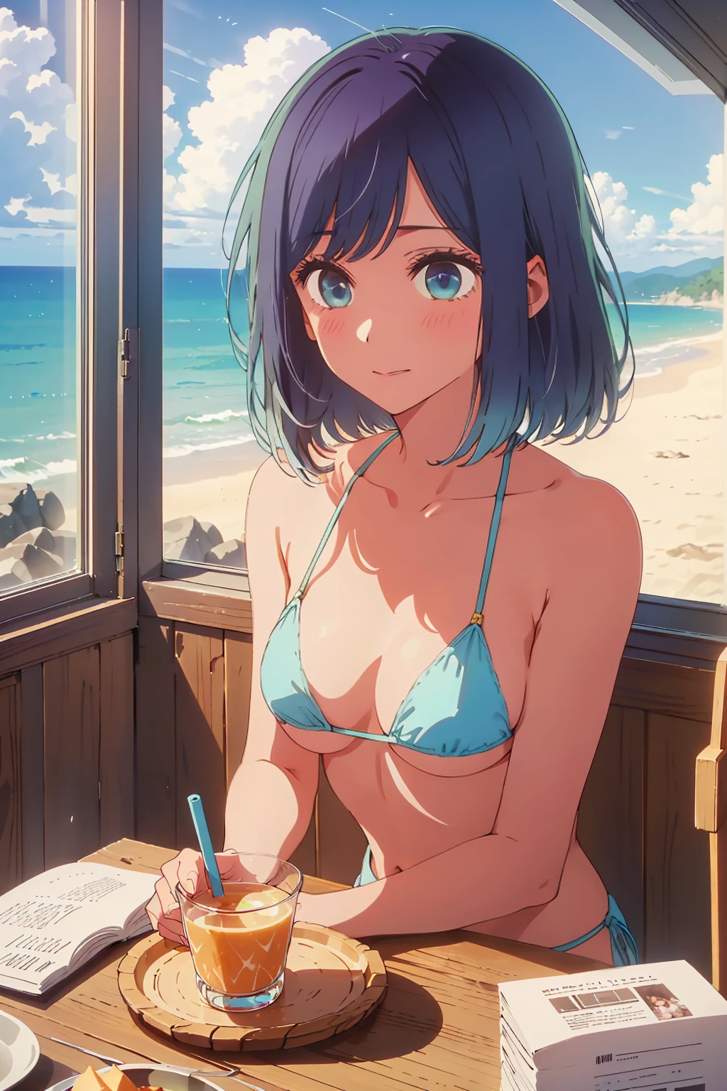 (Highest quality:1.4、masterpiece:1.4、Super detailed:1.4、8K:1.4)、((((1 person、Surprised expression、sit、Indoor cafe terrace、coastal、juice、table、Sandy Beach、juiceのグラスを持つ、Micro Bikini、Very soft boobs、Big eyes、Very cute face))))、(hotel1.4)、F cup bust、Medium breast、Underboob