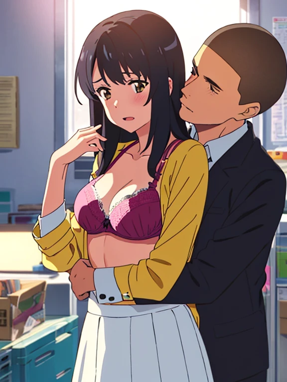 shinkai makoto, kimi no na wa., 1boy, buzzcut,office suit, mustache, wrinkles,boy caressing girl's body, kiss cheeks, passionate hug, boy is hugging from behind, breast groping from behind, 1girl, bangs, black hair, open mouth, brown eyes, Twisted Half Up, red ribbon, long hair, yellow blouse, open shirt, unbuttoned shirt, pink bra, cleavage, breast, medium breast, long gray skirt, storage room, indoors, masterpiece, perfect anatomy, cowboyshot