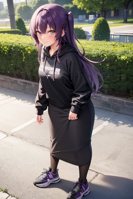1girl, beautiful woman, wearing gray hoodie, black midi pencil skirt, long tight skirt, sneakers, socks, outdoors, garden, summer, long purple hair, looking at viewer, full body, smile, blush