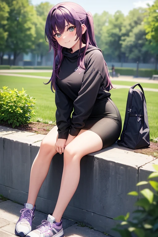1girl, beautiful woman, wearing gray hoodie, black midi pencil skirt, long tight skirt, sneakers, socks, outdoors, garden, summer, long purple hair, looking at viewer, full body, smile, blush