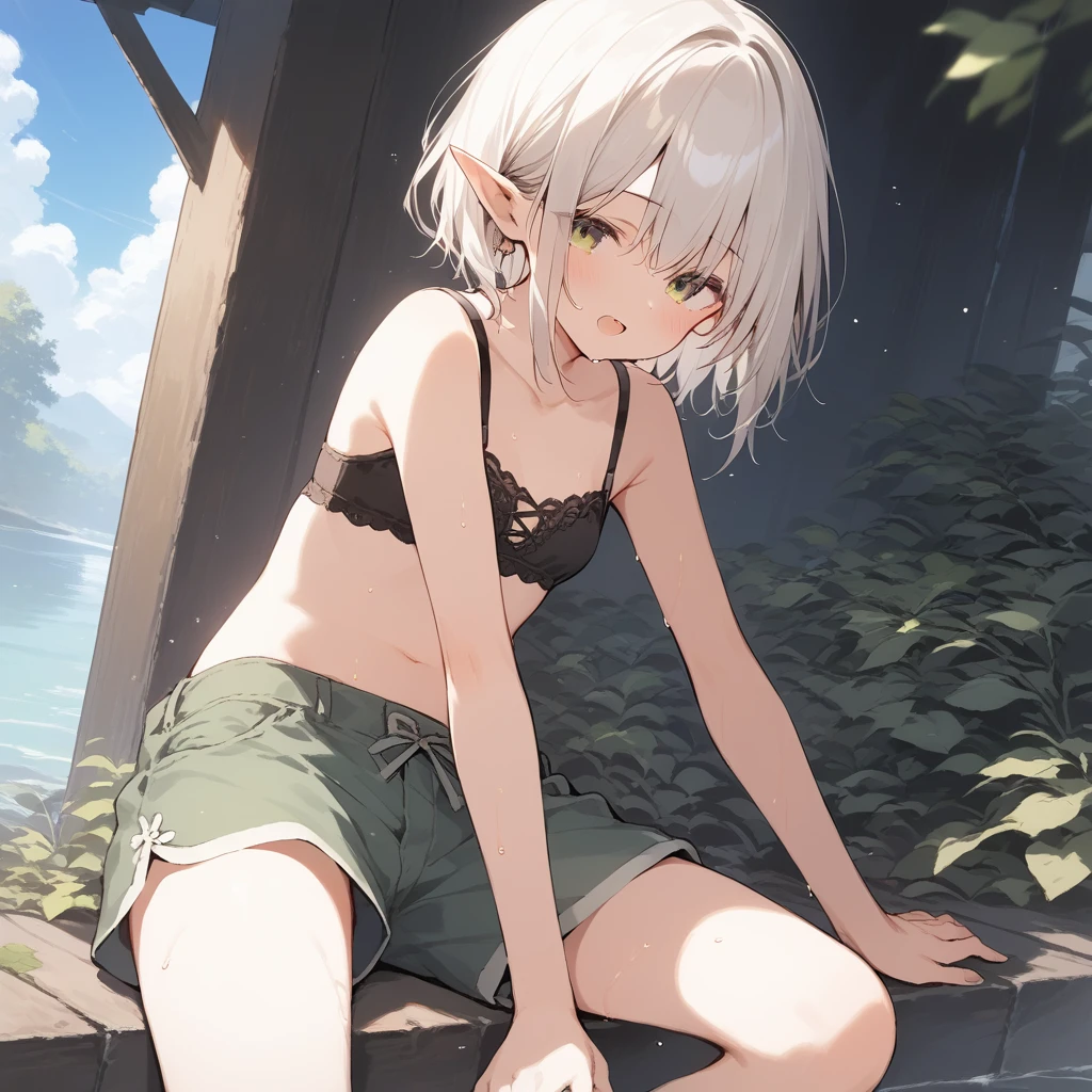 score_9, score_8_up, score_7_up, source_anime, best quality, masterpiece, official art, absurdres, highres, ultra-detailed,waifu2x,Collection: Slice of Life,break,1girl, elf, short hair, skinny, androgynous, small ???????, beautiful detailed eyes, green shorts, sweat, open mouth, sleepily, outdoors, forest, spring,break,(clear line illustration:1.2), super detailed skin,very high resolution, very aesthetic, Best ?????? lighting powered by famous artist, 8k,cute picture,beauty illustration,photoshop_(medium),,(Detailed Lighting),best anime 8k konachan wallpaper, pixiv contest winner, 