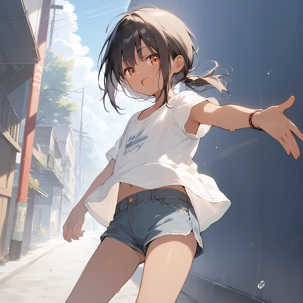 score_9, score_8_up, score_7_up, source_anime, best quality, masterpiece, official art, absurdres, highres, ultra-detailed,waifu2x,Collection: Slice of Life,break,1girl, tomboy, dark-skinned female, short hair, low ponytail, flat chest, beautiful detailed eyes, short shorts, sweat, open mouth, (yawn:0.3), sleepily, outdoors, wind,break,(clear line illustration:1.2), super detailed skin,very high resolution, very aesthetic, Best sexual lighting powered by famous artist, 8k,cute picture,beauty illustration,photoshop_(medium),,(Detailed Lighting),best anime 8k konachan wallpaper, pixiv contest winner,
