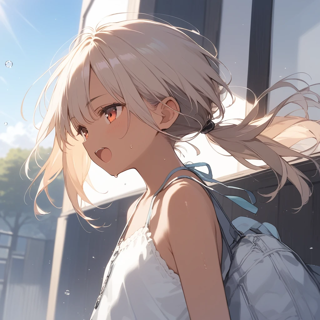 score_9, score_8_up, score_7_up, source_anime, best quality, masterpiece, official art, absurdres, highres, ultra-detailed,waifu2x,Collection: Slice of Life,break,1girl, tomboy, dark-skinned female, short hair, low ponytail, flat chest, beautiful detailed eyes, short shorts, sweat, open mouth, (yawn:0.3), sleepily, outdoors, wind,break,(clear line illustration:1.2), super detailed skin,very high resolution, very aesthetic, Best sexual lighting powered by famous artist, 8k,cute picture,beauty illustration,photoshop_(medium),,(Detailed Lighting),best anime 8k konachan wallpaper, pixiv contest winner,