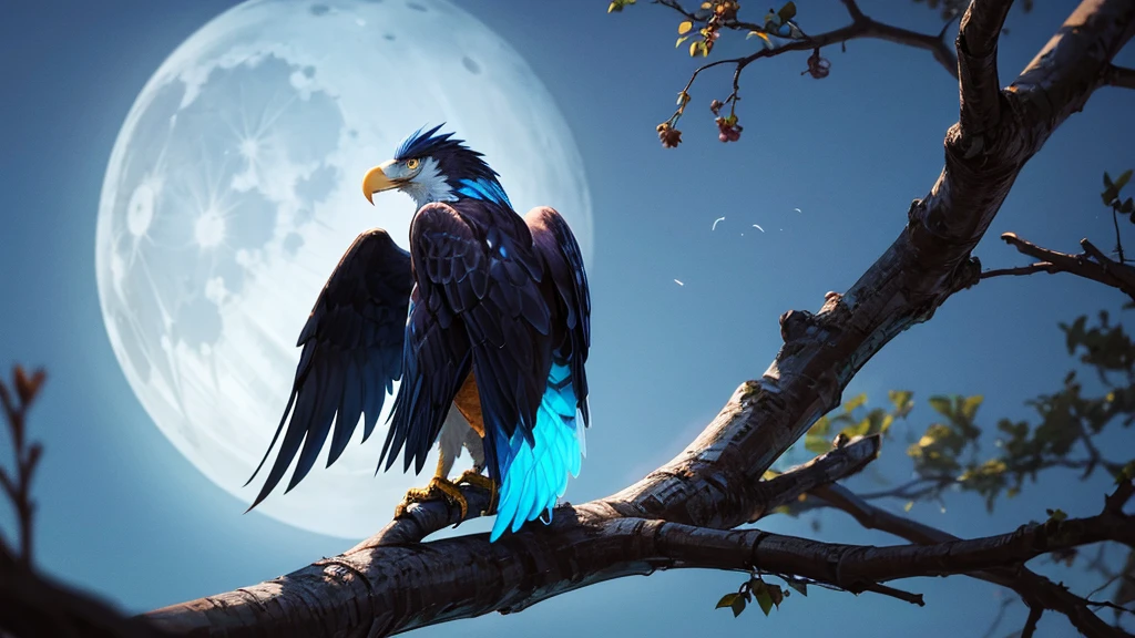 blue eagle perched on a tree branch with a moon in the background, tattoo style, 1:1 ratio, depth of field, first-person view, from side, wide shot, high quality