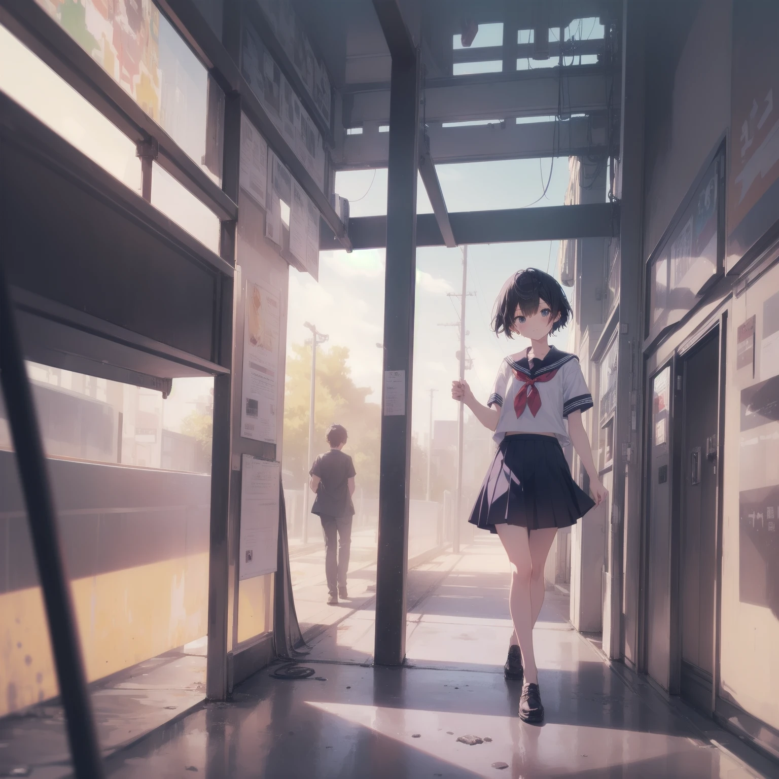 ultra-absurdres-Top quality by artist God, ultra-detailed, high resolution, anime moe artstyle, best anime 8k konachan wallpaper, pixiv contest winner, pool:2810, perfect anatomy,break, 1girl, (Please draw a girl walking sleepily to school alone. )break,(Solo,little female, 13-year-old:1.3),Full limbs, complete fingers,a junior high school student, (very short hair), short cut, flat chest, , small butt, small black eyes, beautiful detailed eyes, well-proportioned iris and pupils, expressive eyes, highres detailed hair, soft expression, salor school_uniform, sailor collar, serahuku, bow, pleated skirt,(Detailed Lighting), (Detailed background), in the School commute route. break,super detailed skin, Best cinematic lighting powered by famous artist, 8k,beauty illustration,photoshop_(medium),very aesthetic,break,((artist:tomose_shunsaku )), artist:clamp ,artist:carnelian ,artist:kantoku ,