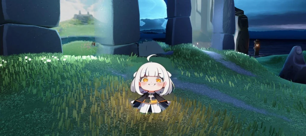 vector art, 1girl, hime cut, white hair, ahoge, blunt bangs, blush, yellow eyes, short girl, grin, full body, short girl, grin, grinning, moody, black pants, white cape with golden edges, Kindergartener, flat color