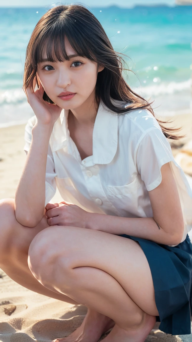 (((Top-down configuration:1.33)))、((No underwear:1.55))、One Girl、Beautiful and detailed eyes and face、barefoot、20 year old cute Japan woman, ((Extremely precise and accurate anatomy:1.0)), (photo Realistic:1.4), (hyper Realistic:1.4), (最高品質のRealisticな肌の質感:1.4), (Improvement of quality:1.4), (Enhances the beauty of skin texture:1.1), Clean and glowing skin, mesh, thin:1.2, (Realistic:1.3), Realisticなライティング, (Smoother lighting:1.05), (Improving the quality of cinema lighting:0.9), Backlight, A gentle light on your face, Ray Tracing, (Bright light:1.2), 32k, One Japanese woman, fine grain, Detailed face, (Film Grain:1.1),(Accentuates body lines:1.1), High resolution, Natural look, Kind eyes, Improves hair quality, Delicate light and shadow, Transparent muscles, Graceful pose, Beautiful Eyes, Sharp details, Soft light reflection, Beautiful contours, Delicate skin tone, Fine hair texture, Natural background, (((sunny day、Beach、A strong wind is blowing、Her hair and skirt are flying、Squat, Traditional navy blue sailor uniform、Open shirt、Pleated skirt、Scooping seawater with hands:1.25、splash、Sandy Beach、Light of the sun、clear blue sea、The waves crash quietly、Blue sky and white clouds、green mountain々、Beautiful Nature、The joys of youth)))、