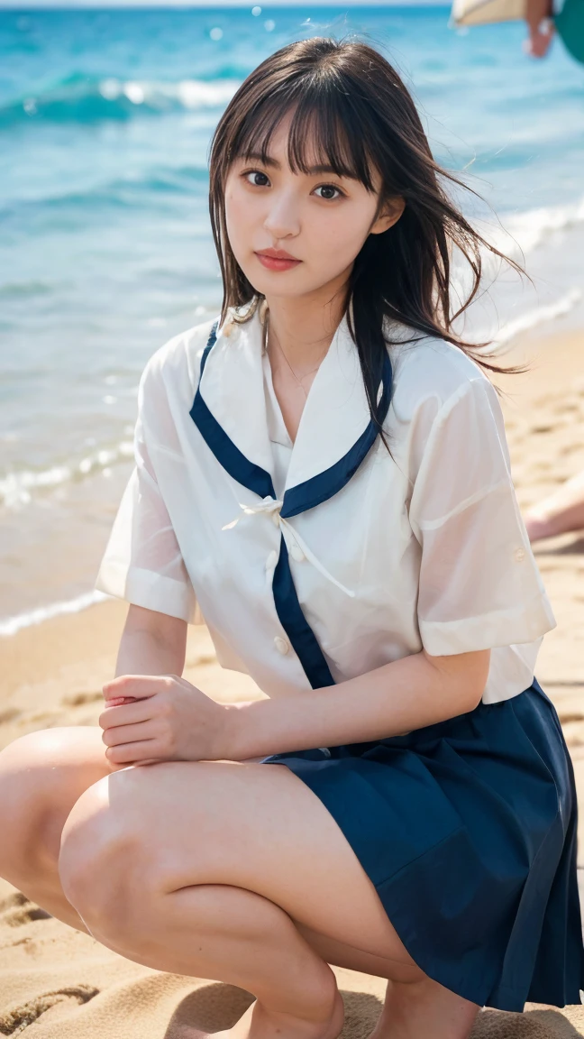 (((Top-down configuration:1.33)))、((No underwear:1.55))、One Girl、Beautiful and detailed eyes and face、barefoot、20 year old cute Japan woman, ((Extremely precise and accurate anatomy:1.0)), (photo Realistic:1.4), (hyper Realistic:1.4), (最高品質のRealisticな肌の質感:1.4), (Improvement of quality:1.4), (Enhances the beauty of skin texture:1.1), Clean and glowing skin, mesh, thin:1.2, (Realistic:1.3), Realisticなライティング, (Smoother lighting:1.05), (Improving the quality of cinema lighting:0.9), Backlight, A gentle light on your face, Ray Tracing, (Bright light:1.2), 32k, One Japanese woman, fine grain, Detailed face, (Film Grain:1.1),(Accentuates body lines:1.1), High resolution, Natural look, Kind eyes, Improves hair quality, Delicate light and shadow, Transparent muscles, Graceful pose, Beautiful Eyes, Sharp details, Soft light reflection, Beautiful contours, Delicate skin tone, Fine hair texture, Natural background, (((sunny day、Beach、A strong wind is blowing、Her hair and skirt are flying、Squat, Traditional navy blue sailor uniform、Open shirt、Pleated skirt、Scooping seawater with hands:1.25、splash、Sandy Beach、Light of the sun、clear blue sea、The waves crash quietly、Blue sky and white clouds、green mountain々、Beautiful Nature、The joys of youth)))、