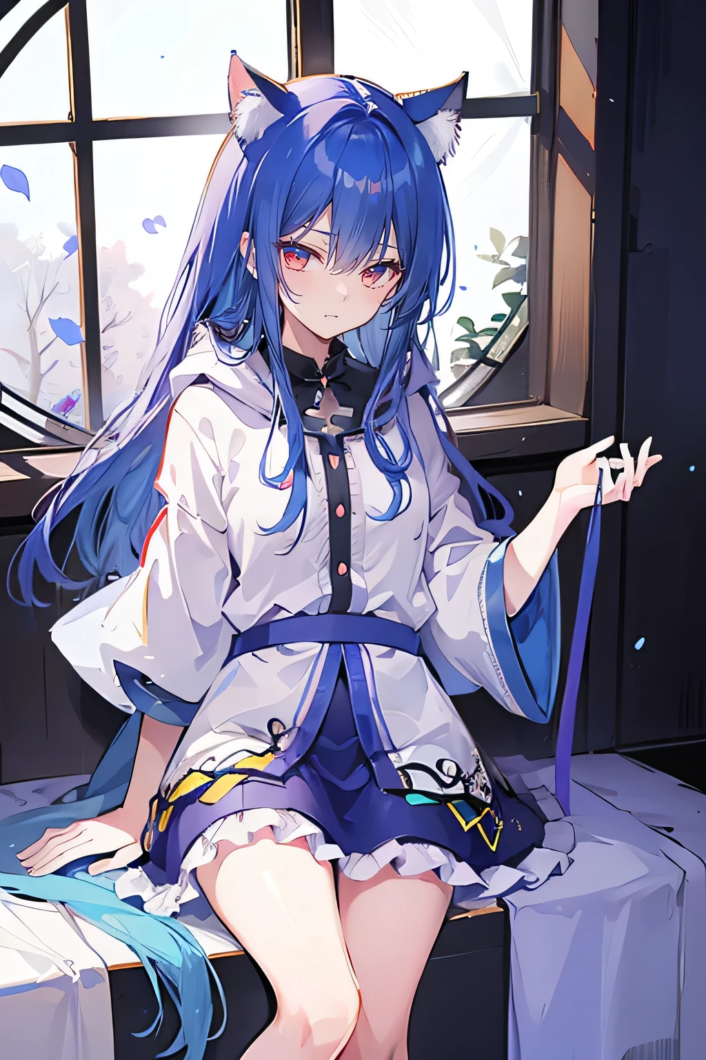 (masterpiece:1.2),Super detailed,lifelike,Expressive eyes,fair skin,perfect face shape,1 girl,
Japanese comics,Gorgeous blue hair,flowing blue hair,flowing clothes,Cat ears,Petals fall,beautiful lola,Baby Angel,
Shaking head with one hand,Cross your legs,Gentle and peaceful background,The pavilion is cool and comfortable,smile, wearing hoodie, In front of the window,snowing,Clear sky,Witch costume。
