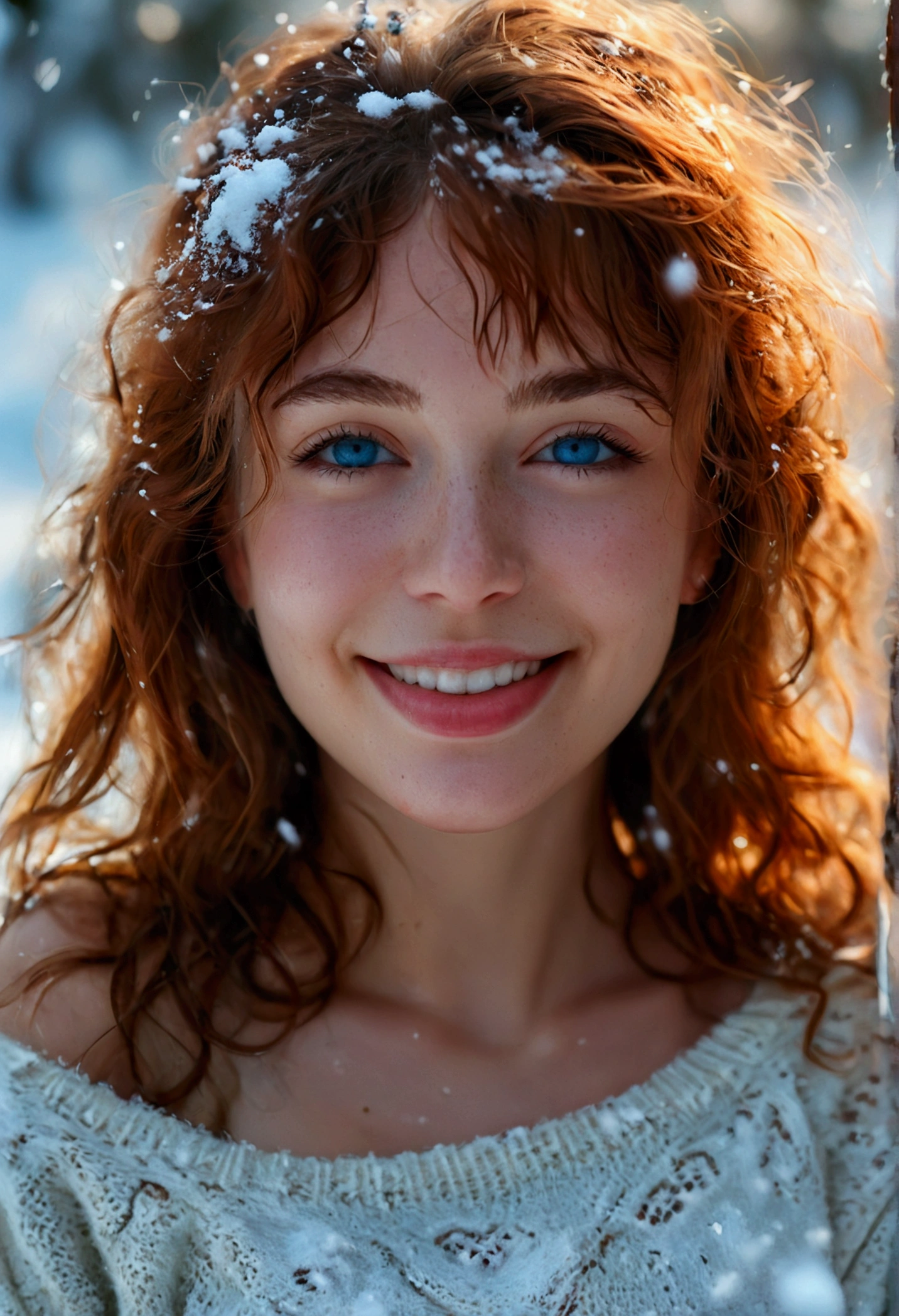 RAW, analog, Nikon Z 85mm,((best quality)), ((masterpiece)), ((realistic)),vintage image, gorgeous French woman, 18+ year old, posing in snow ( pov : show ass, show cleavage, seducing smile), big smile with teeth showing, (freckles:0.6), intricate details, highly detailed, sharp focus, professional, 4k, god rays, hand model, stunning blue eyes, , highres, detailed facial features, high detail, sharp focus, smooth, extremely detailed, photo_\(ultra\), photorealistic, realistic, post-processing, max detail, roughness, real life, ultra realistic, photorealism, 8k uhd, SEMI-SILHOUETTE light, russian face, wet, wet hair, sexy erotic women , big full breast, roundy perfect hips, hourglass figure, big glutes, wearing shorts and top with sweater.