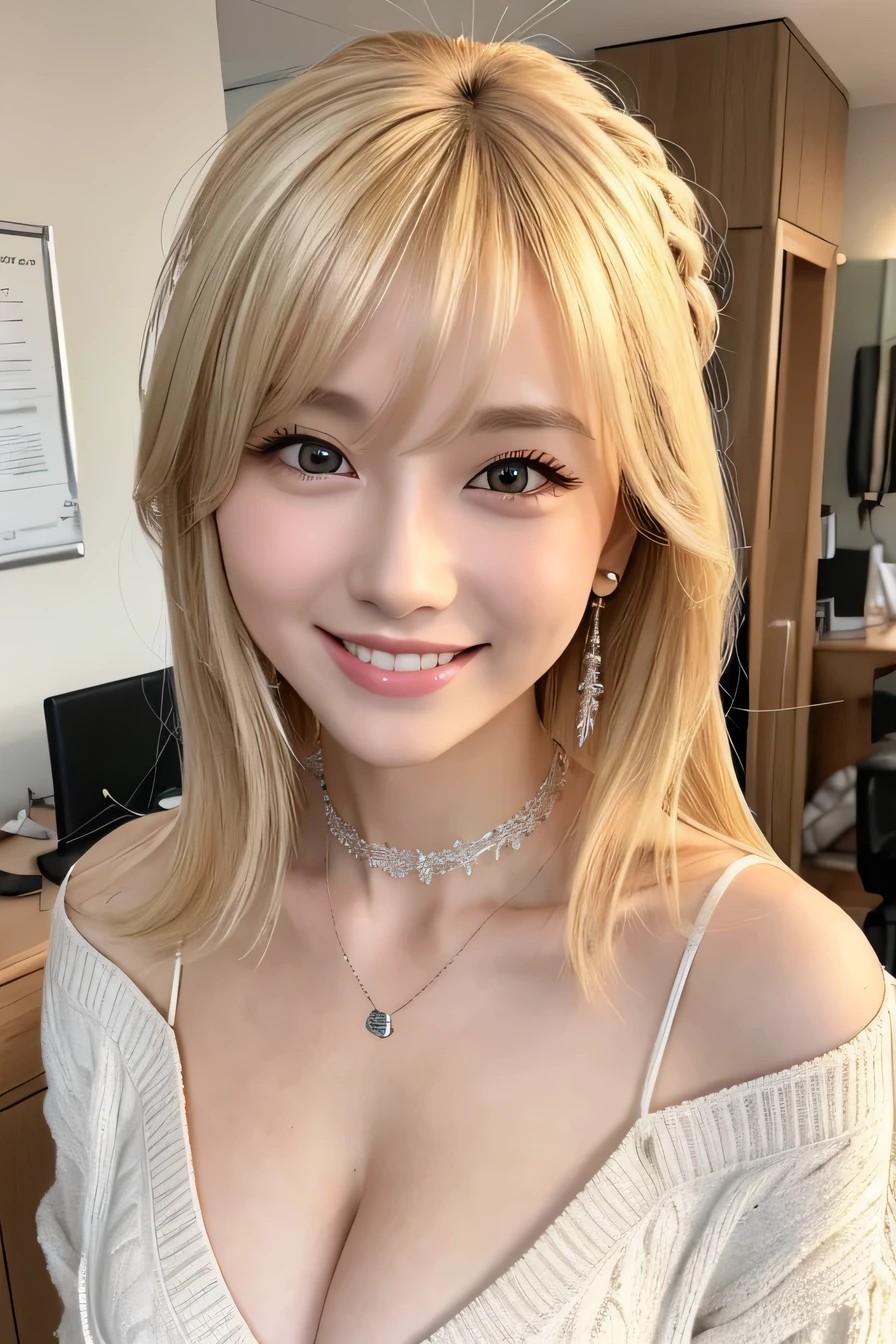 blonde、Clear Beauty、hairstyle semi long、、ear piercing、Necklace around the neck、Put a cardigan over your shoulders、Off the shoulder、blouse、Accentuate your breasts、smile、Beautiful teeth alignment、Intricate details, Very detailed:1.2), 、hair band、 Looking into the camera、The background is the office
