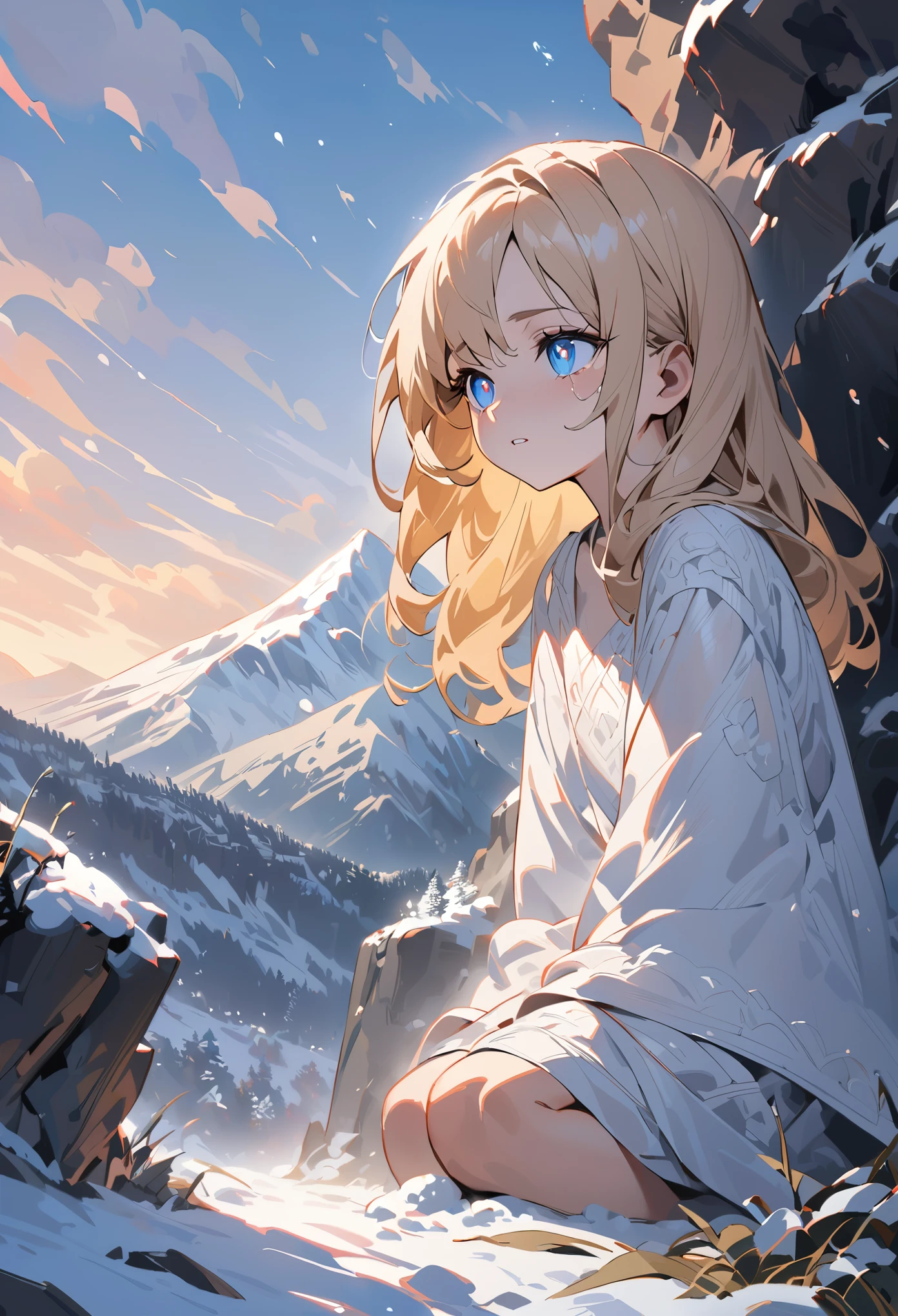 A cliff face of a snowy mountain, with a big blizzard, a girl, looking 13 or 14 years old, with long blonde hair, dressed in a long white saree, kneeling on the ground looking into the distance and crying and weeping bitterly, with blue pupils and a pale face, a very pitiful and beautiful picture, a masterpiece, cinematically lit, masterly, impasto
