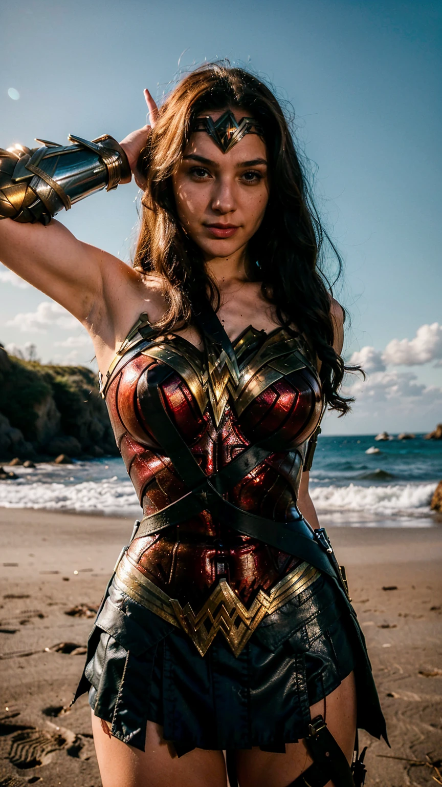 ((masterpiece), (solo character), (photorealistic:1.4), ),(best quality), (epiCRealLife), (g4lg), (g4lg large ), (g4lg show cleavagl Godot in wonder woman sexy costume), ra:epiCFlashPhoto),(flashphoto), (flash photography) (look at viewers), (at night), (night time),, (photoshoot), (wonder woman theme), (on a beach), (close up cowboy shots), (light smile),
