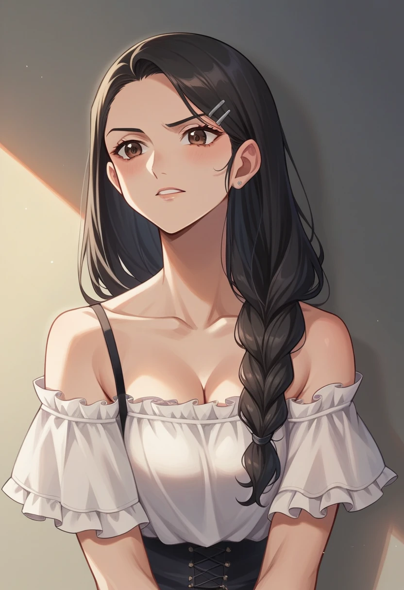 Princesse Pocahontas . Brune Amérindienne. Un fond marin, ambiance sombre. . Style realiste. Image détaillée.Create an image of a 22-year-old woman with fair skin, straight black hair, brown eyes, and a friendly expression. She is wearing a black blouse. Com moletom e oculos na sala de casa,nao desfoque o fundo da foto,fundo nítido 