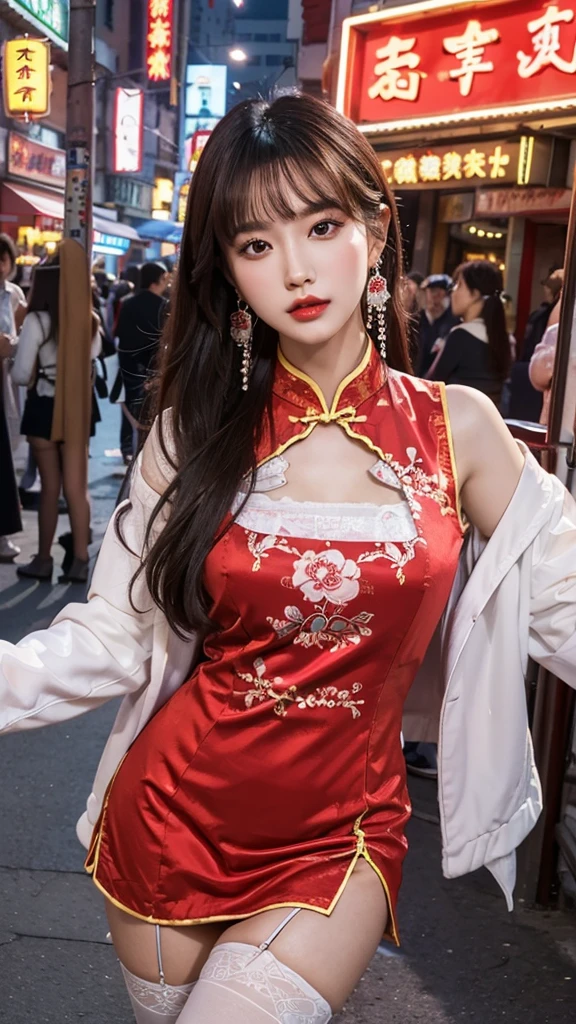 k40hu,, score_9, score_8_up, score_7_up, 8k, hd,, k40hu, masterpiece, best quality, Asian, 1girl, slender, brown eyes, seductive look, outdoor, China Town, solo, hoop earrings,
wearing a qipao with thigh highs,