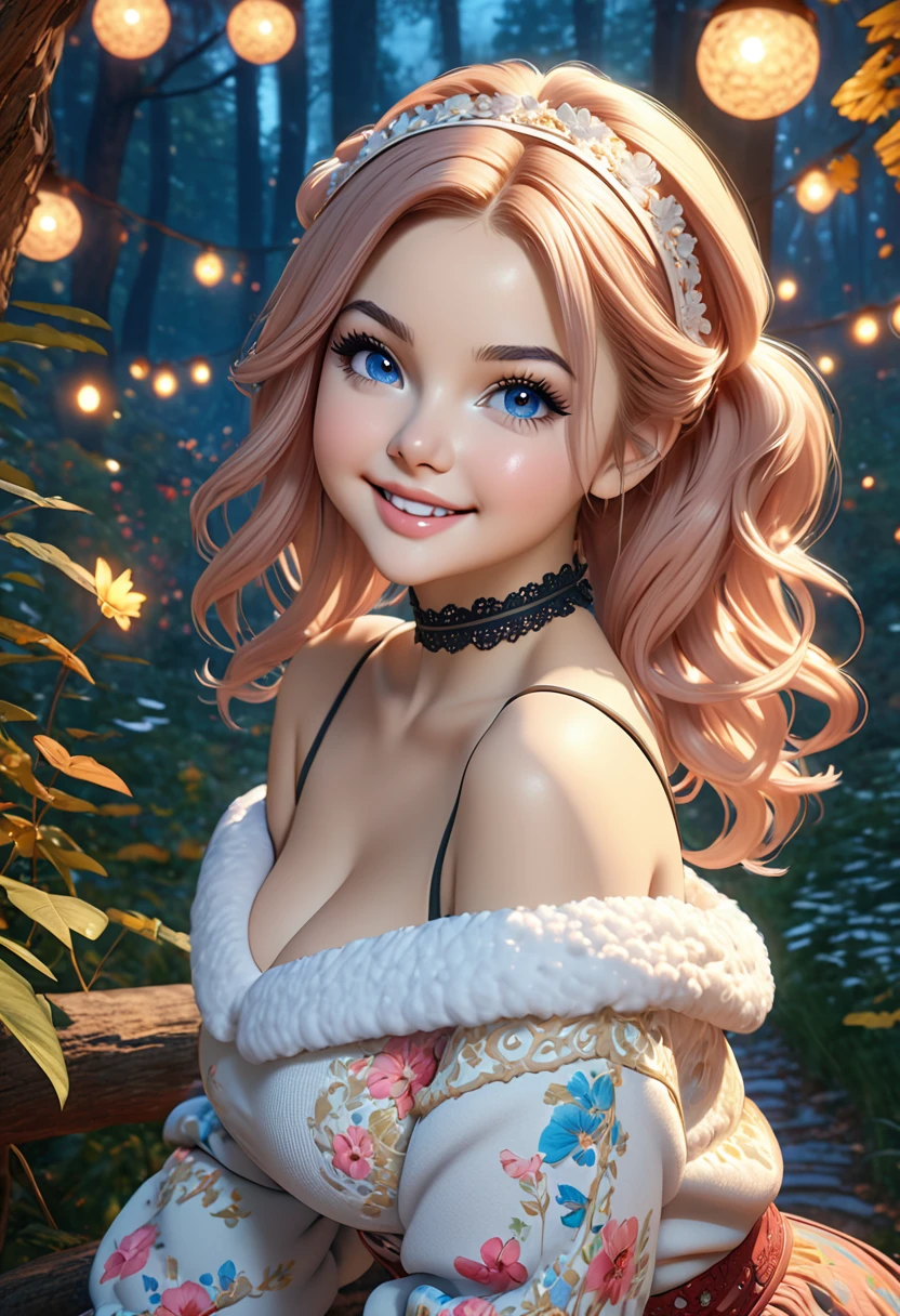 masterpiece, best quality, highly detailed, 1girl, solo, twintails, off-shoulder sweater, choker, jacket, hairband, looking at viewer, smile, blush, Wide Smile, Eyes Detailed & Wide, sexy Pose. Ultra HD, Rococo-Inspired Fantasy Art With Intricate Details. Cute, Charming Expression, Alluring-Gaze, looking at viewer Beautiful Eyes, An-Ideal-Figure. Large Youthful Well-Shaped-Breasts, Massive-Round-Bosom, Décolletage. slim waist, fit body, full lipsWarm lights , woman in a dreamy forest at night, with fluffy hair, delicate face, realistic, real, slim, large aperture, sexy shots, attractive poses,Stunnin gly beautiful merge of Ariel Winter, Dove Cameron, Molly Quinn, Selena Gomez And Miranda Cosgrove. symmetrical face, photorealistic, photography, path tracing, specular lighting, volumetric face light, path traced hairmaximum quality{(masutepiece) (8K High Resolution) (top-quality) In the style of breath of the wild.