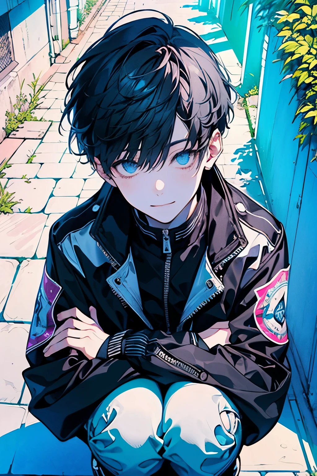 High quality, amount of drawing, pixiv illustration, PVC Jacket, aurora jacket, Beautiful young man, Black hair, Short hair, aurora fabric, hologram article,aurora seat jacket, White undershirt, light gray jeans, Decisive Pose, White background, A refreshing smile,((outdoor,alley:1.3)),(squat:1.25),((side view:1.2)),((Looking up、Top view:1.15)).