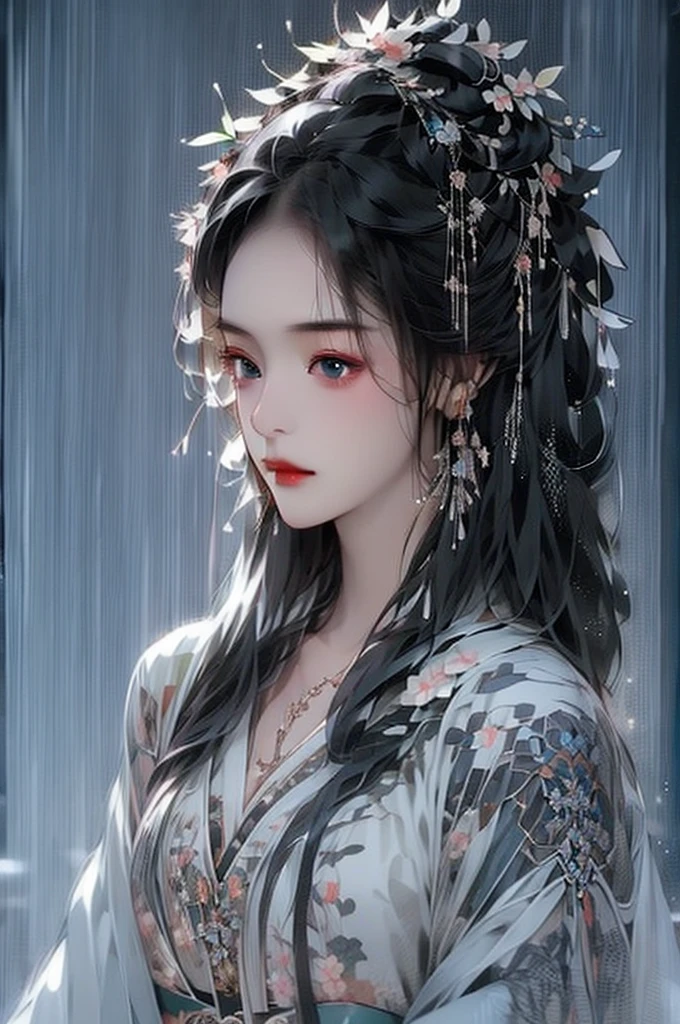 Black Hair, Immortal Cultivation, Royal sister, White Robe, hime cut, hair scrunchie, Romanticism, Gothic art, ray tracing, cinematic lighting, first-person view, Sony FE GM, tachi-e, anatomically correct, masterpiece