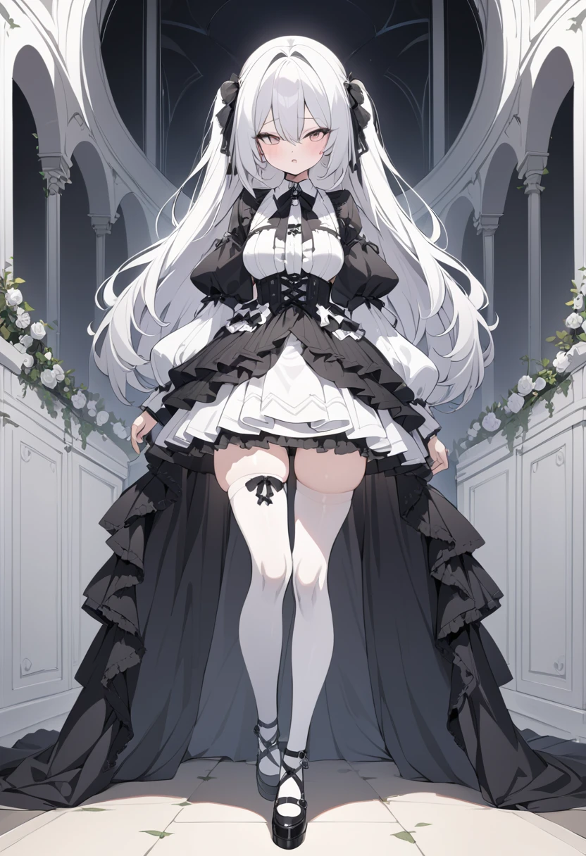 Masterpiece, absurdness, high detailed, white hair, gothic lolita, full body, standing, white thighhighs,