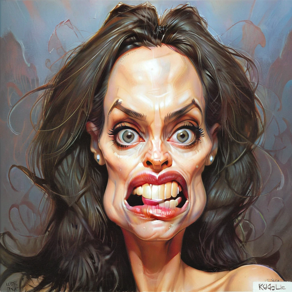 trippy kruger style, kru3ger_style caricature of angelina jolie