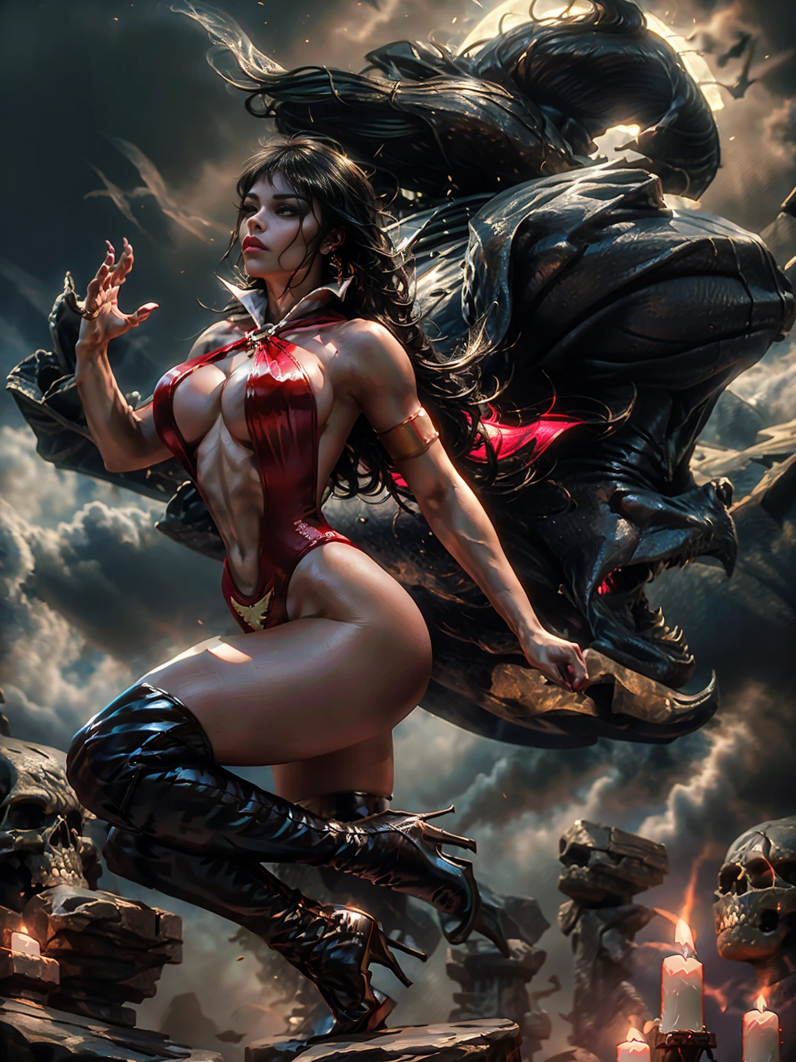 Sexy Vampirella wearing a dark red V swimsuit, dark evening, in a castle, room with candlesticks, skeletons and dead, oily shiny skin, fit and athletic body, slutty, perfect hands, detailed hands, perfects eyes, detailedeyes, glamor, sensuous, grande realisitic, hdr, ultra HD, dynamic, from the front view, dark outside. moonlights, ((legs thick)) (((muscular legs))), ((voluminous breasts)) ((breasts big)) (((breasts big))), 8k all details clearly. vector image, perfect muscle sculpting. ((V-shaped swimsuit: 1.1)), long hair, fullmoon, Bats in the sky, skyporn, raise your hand, flying posture, muscular: 1.1, strong leg: 1.1, muscular woman: 1.1, ((main job ) ), ((best quality)), High definition, cinematic, realisitic, best quality: 1.1, artwork, Full HD: 1.1, high quality digital: 1.1, canonical photos: 1.1 full body, ((cara de slutty)), sensuous face, ((big-ass)), semi-profile: 1.1, breasts big: 1.1, legs thick: 1.1, strong legs, muscular legs: 1.1,