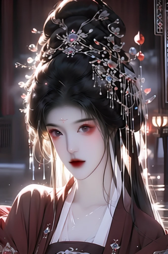 Black Hair, Immortal Cultivation, Royal sister, White Robe, hime cut, hair scrunchie, Romanticism, Gothic art, ray tracing, cinematic lighting, first-person view, Sony FE GM, anatomically correct, masterpiece