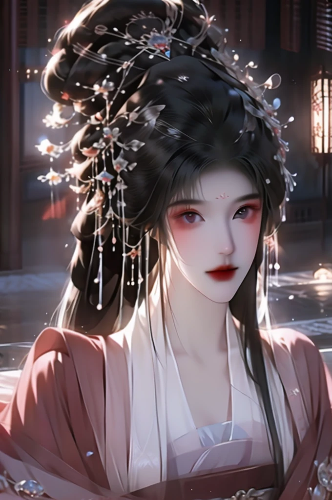 Black Hair, Immortal Cultivation, Royal sister, White Robe, hime cut, hair scrunchie, Romanticism, Gothic art, ray tracing, cinematic lighting, first-person view, Sony FE GM, anatomically correct, masterpiece