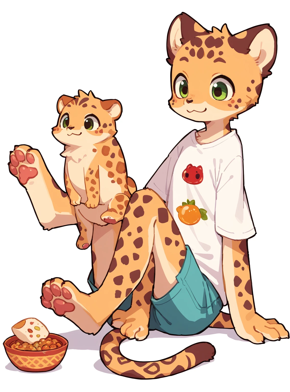 The Q version of the cute Jaguar, kemono, sitting, moving legs, vibing, cute smile, white background, t-shirt, shorts, paws, beans, full body
