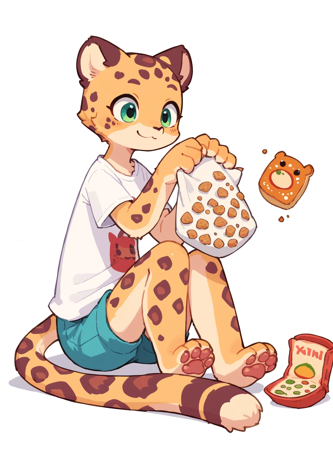 The Q version of the cute Jaguar, kemono,  sitting, moving legs, vibing, cute smile, white background, t-shirt, shorts, paws, beans, full body