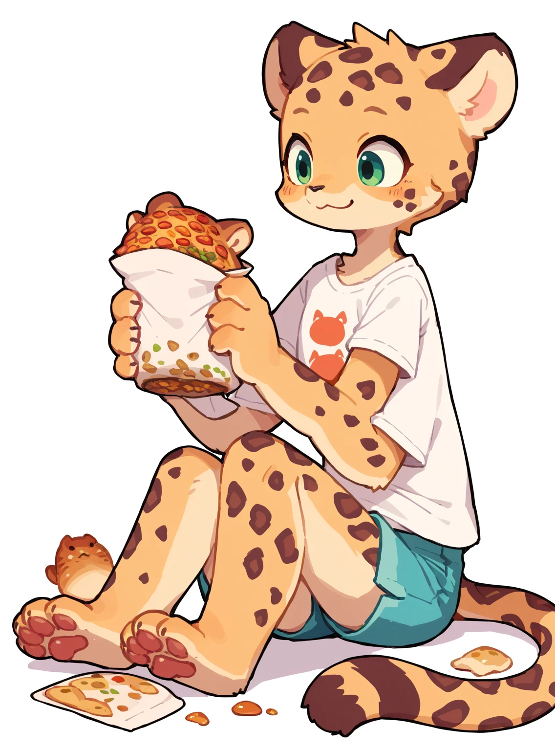 The Q version of the cute Jaguar, kemono, sitting, moving legs, vibing, cute smile, white background, t-shirt, shorts, paws, beans, full body