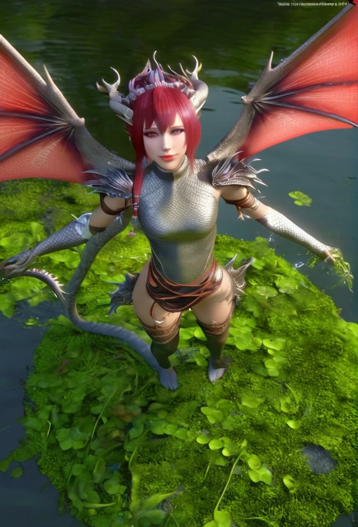 Generate an aerial angle birds eye view image of a  beautiful humanoid dragon girl , face of beautiful  human detailed scale photo realistic with menacing wings, color red and silver unreal engine standing , getting out from the swamp with floating algae , dynamic pose with a background full of large vines dramatic angle view high coloration 4k resolution but