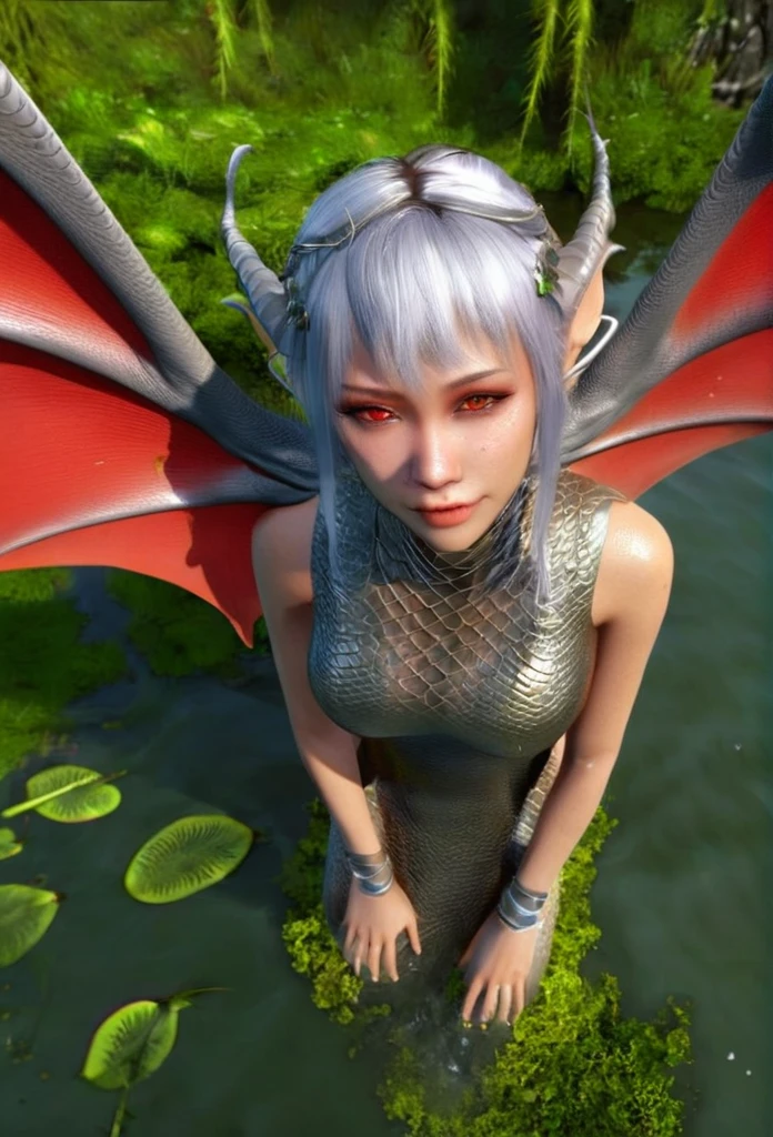 Generate an aerial angle birds eye view image of a  beautiful humanoid dragon girl , face of beautiful  human detailed scale photo realistic with menacing wings, color red and silver unreal engine standing , getting out from the swamp with floating algae , dynamic pose with a background full of large vines dramatic angle view high coloration 4k resolution but