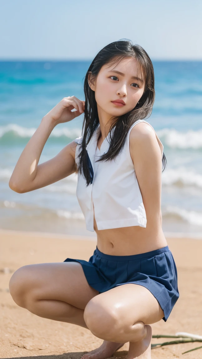 (((Top-down configuration:1.33)))、((No underwear:1.55))、One Girl、Beautiful and detailed eyes and face、barefoot、20 year old cute Japan woman, ((Extremely precise and accurate anatomy:1.0)), (photo Realistic:1.4), (hyper Realistic:1.4), (最高品質のRealisticな肌の質感:1.4), (Improvement of quality:1.4), (Enhances the beauty of skin texture:1.1), Clean and glowing skin, mesh, thin:1.2, (Realistic:1.3), Realisticなライティング, (Smoother lighting:1.05), (Improving the quality of cinema lighting:0.9), Backlight, A gentle light on your face, Ray Tracing, (Bright light:1.2), 32k, One Japanese woman, fine grain, Detailed face, (Film Grain:1.1),(Accentuates body lines:1.1), High resolution, Natural look, Kind eyes, Improves hair quality, Delicate light and shadow, Transparent muscles, Graceful pose, Beautiful Eyes, Sharp details, Soft light reflection, Beautiful contours, Delicate skin tone, Fine hair texture, Natural background, (((sunny day、Beach、A strong wind is blowing、Her hair and skirt are flying、Squat, Traditional navy blue sailor uniform、Open shirt、Pleated skirt、Scooping seawater with hands:1.25、splash、Sandy Beach、Light of the sun、clear blue sea、The waves crash quietly、Blue sky and white clouds、green mountain々、Beautiful Nature、The joys of youth)))、