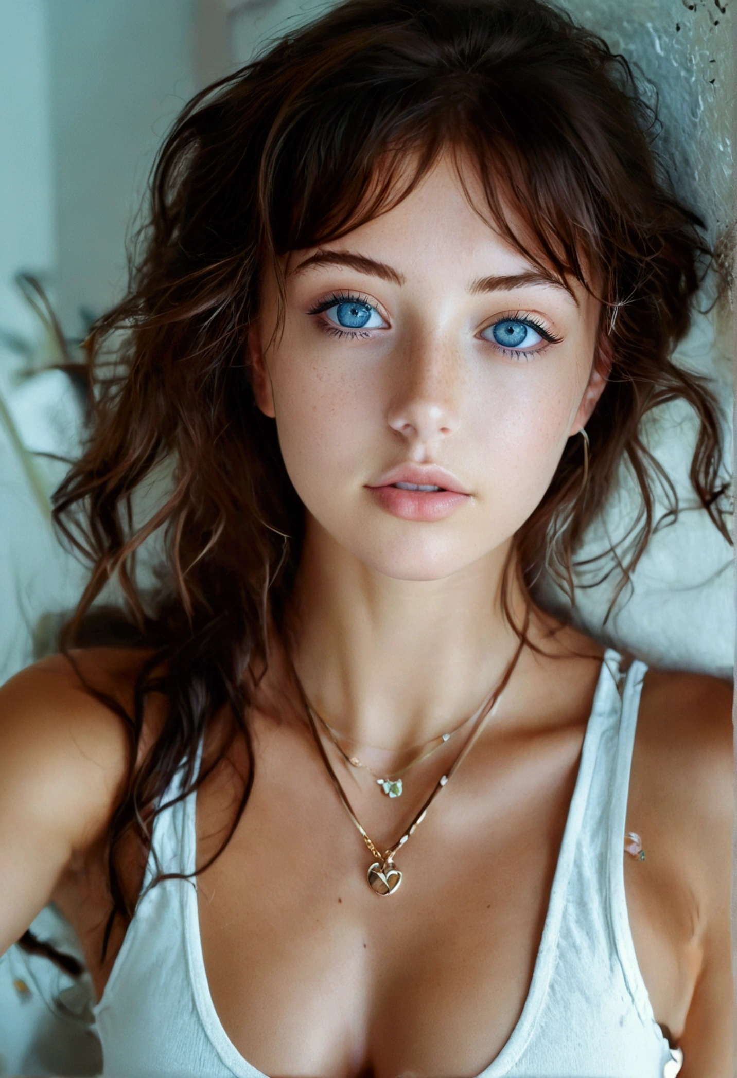 Woman wearing a white tank top and a necklace, Sexy girl with blue eyes, tanned skin, Portrait Sophie Mudd, brown hair and large eyes, selfie of a young woman, bedroom eyes, Violet Myers, without makeup, Natural makeup, staring directly into camera, cara con artgram, subtle makeup, Impresionante foto de whole body, piercing green eyes, beautiful angle, attractive pose, Cute , pose sexy, Full body image, whole body, full body shoot, brunette goddess, High detail, Satisfied pose, leather pants