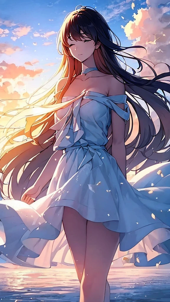 A single figure floats serenely in a vast, vivid blue sky filled with enormous, highly detailed cumulus clouds. The scene captures an ethereal moment, with the individual seemingly suspended in mid-air, surrounded by layers of fluffy white and blue clouds that create a sense of depth and movement. Sunlight filters through the clouds, casting gentle shadows and illuminating the various shades of blue and white, adding a dreamlike quality to the image. The overall atmosphere conveys a sense of tranquility, freedom, and wonder, as if the person is drifting through a boundless, heavenly expanse.