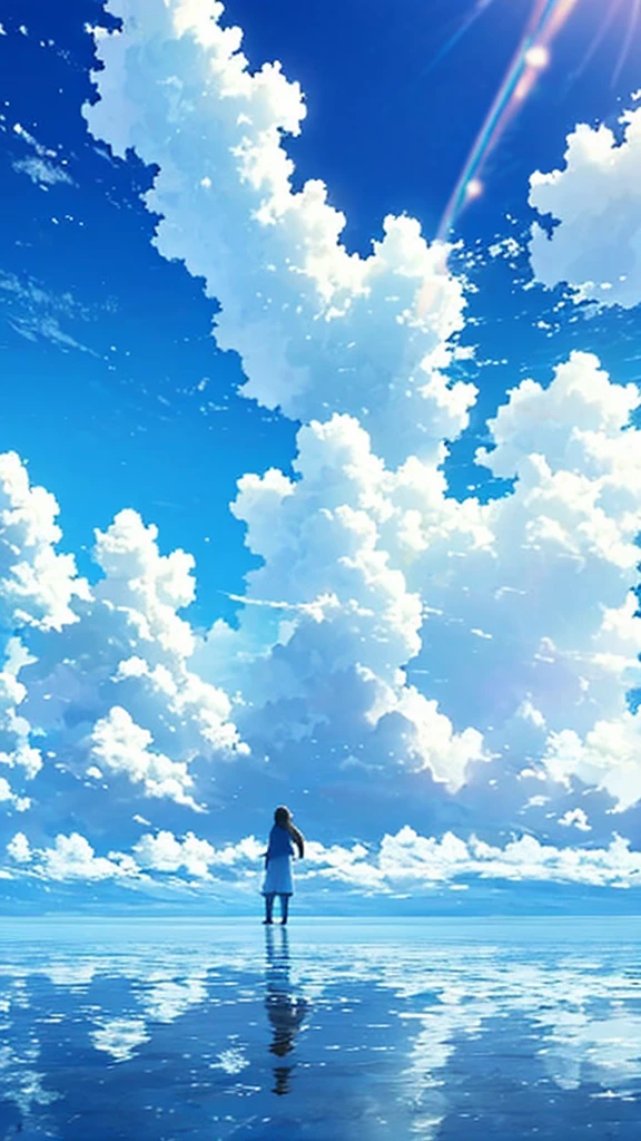 A single figure floats serenely in a vast, vivid blue sky filled with enormous, highly detailed cumulus clouds. The scene captures an ethereal moment, with the individual seemingly suspended in mid-air, surrounded by layers of fluffy white and blue clouds that create a sense of depth and movement. Sunlight filters through the clouds, casting gentle shadows and illuminating the various shades of blue and white, adding a dreamlike quality to the image. The overall atmosphere conveys a sense of tranquility, freedom, and wonder, as if the person is drifting through a boundless, heavenly expanse.