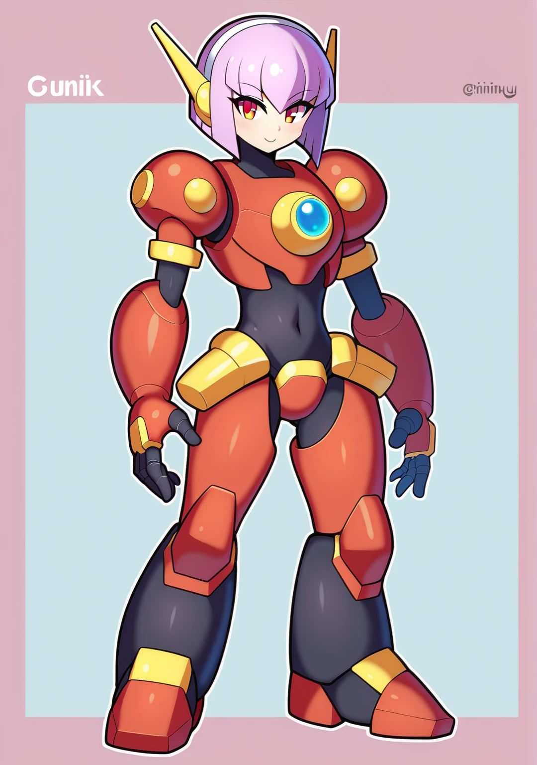 1in kinu-sensei artstyle, Kinu Nishimura style, muted pastel colors, This image depicts a unique, humanoid character that is a reploid, a type of robot from the Mega Man X series. The character's design combines futuristic and industrial elements. The head features a human-like face with lavender hair styled in a bob cut. The body is cylindrical and robust, predominantly white with red accents, including a prominent red circle on the chest. The arms and lower body are mechanical, featuring large, rounded components and grey, segmented joints. The legs are depicted as a single, wide base rather than separate limbs, giving a tank-like appearance. The character has a stationary and composed posture, suggesting strength and stability. The art style is reminiscent of the Mega Man series, with clear lines, simple color schemes, and a focus on functional design elements. **AI Art Prompts:** "Mega Man X reploid, humanoid robot, cylindrical body, lavender bob cut hair, white and red armor, mechanical arms and base, futuristic industrial design, composed posture, clear lines, functional design, vibrant colors", kinu-sensei artstyle,in kinu-sensei artstyle