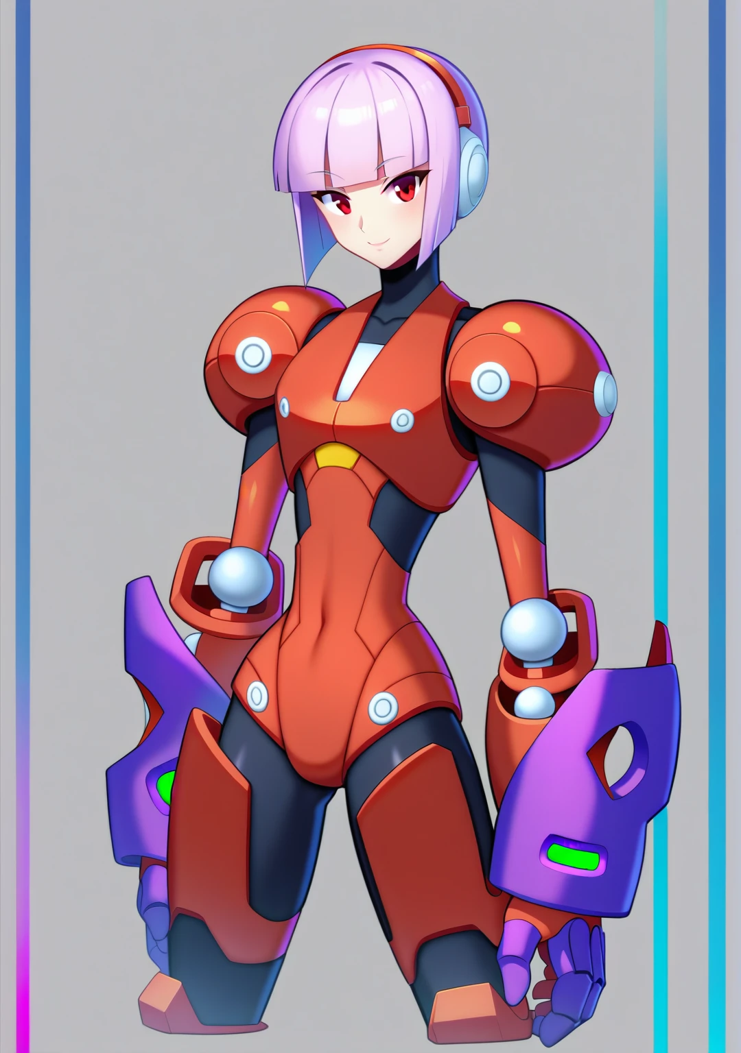 1in kinu-sensei artstyle, Kinu Nishimura style, muted pastel colors, This image depicts a unique, humanoid character that is a reploid, a type of robot from the Mega Man X series. The character's design combines futuristic and industrial elements. The head features a human-like face with lavender hair styled in a bob cut. The body is cylindrical and robust, predominantly white with red accents, including a prominent red circle on the chest. The arms and lower body are mechanical, featuring large, rounded components and grey, segmented joints. The legs are depicted as a single, wide base rather than separate limbs, giving a tank-like appearance. The character has a stationary and composed posture, suggesting strength and stability. The art style is reminiscent of the Mega Man series, with clear lines, simple color schemes, and a focus on functional design elements. **AI Art Prompts:** "Mega Man X reploid, humanoid robot, cylindrical body, lavender bob cut hair, white and red armor, mechanical arms and base, futuristic industrial design, composed posture, clear lines, functional design, vibrant colors", kinu-sensei artstyle,in kinu-sensei artstyle